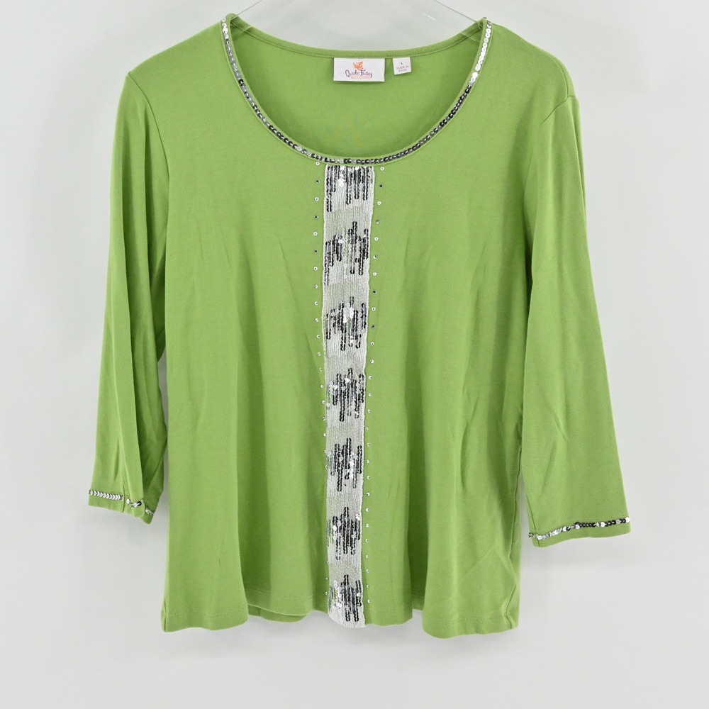 Quacker Factory Sequin Scoop Neck Top Womens Size L Green Cotton 3/4 Sleeve Knit
